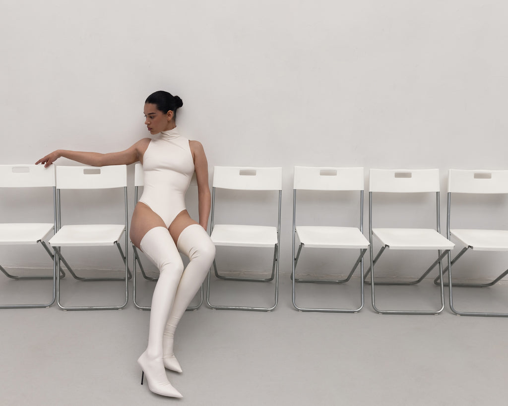 Vegan Leather Turtleneck Bodysuit Ecru