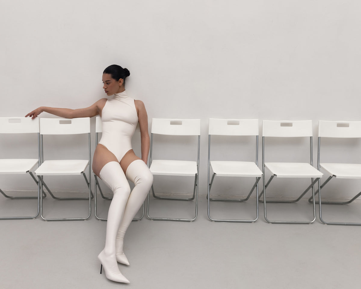Vegan Leather Turtleneck Bodysuit Ecru