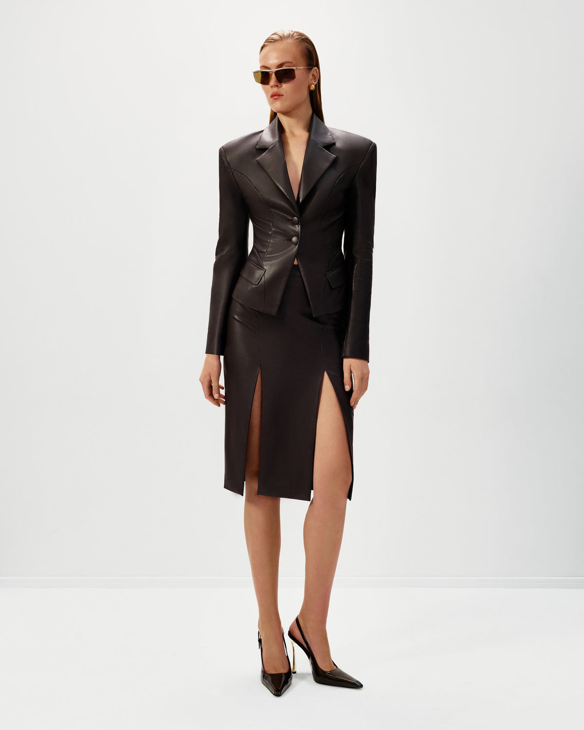 Vegan Leather High Slit Skirt Brown