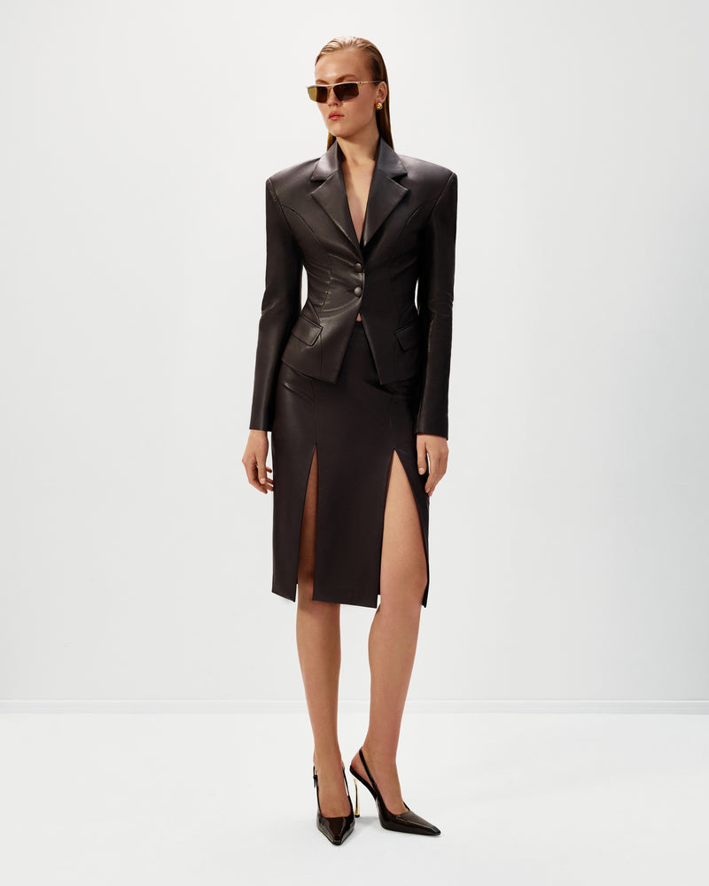 Vegan Leather High Slit Skirt Brown