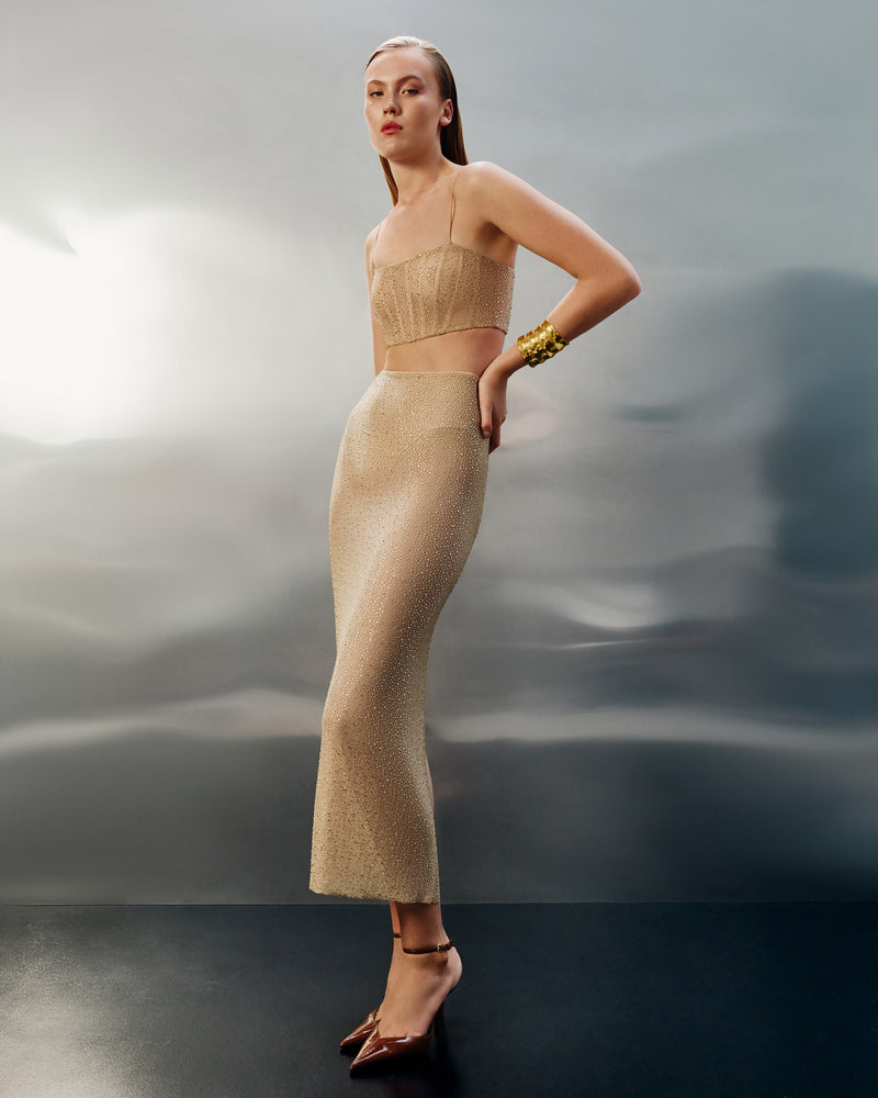 Crystal Midi Skirt Gold