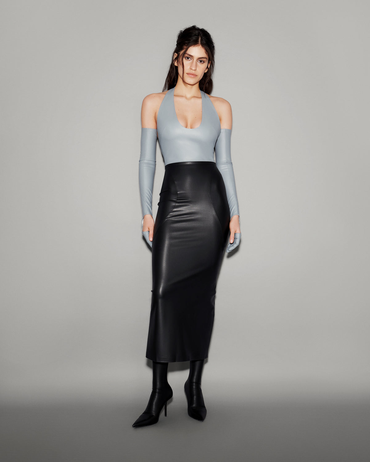 Vegan Leather Sculpted Midi Skirt Black