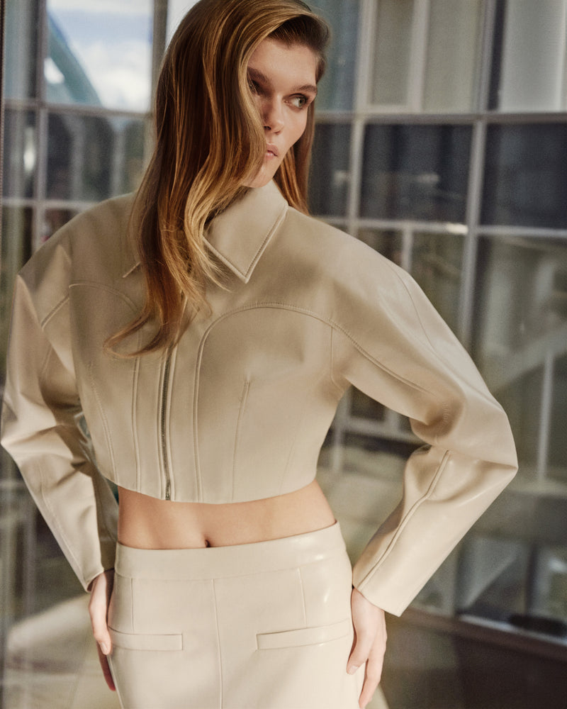 Vegan Leather Tailored Bomber Cream
