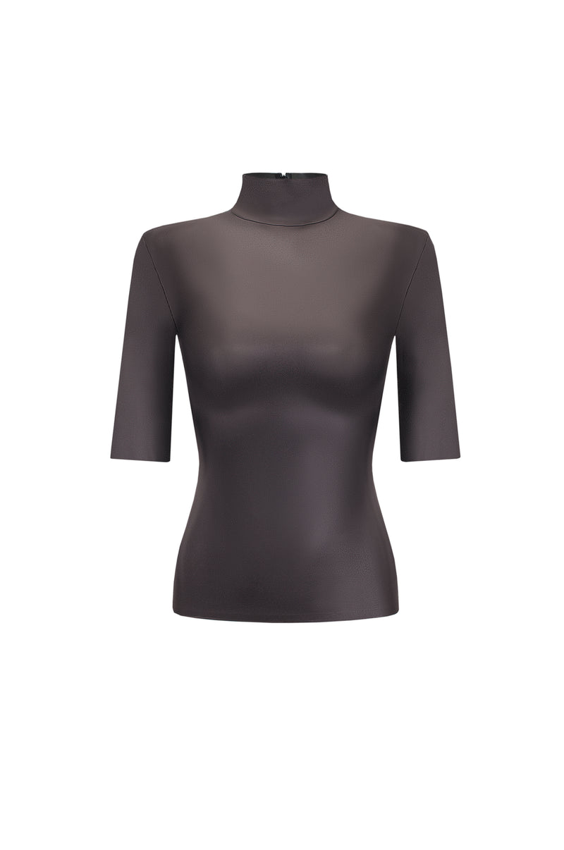 Vegan Leather Short Sleeve Top Brown