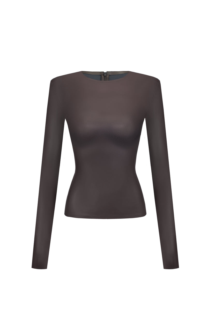 Vegan Leather Long Sleeve Top Brown
