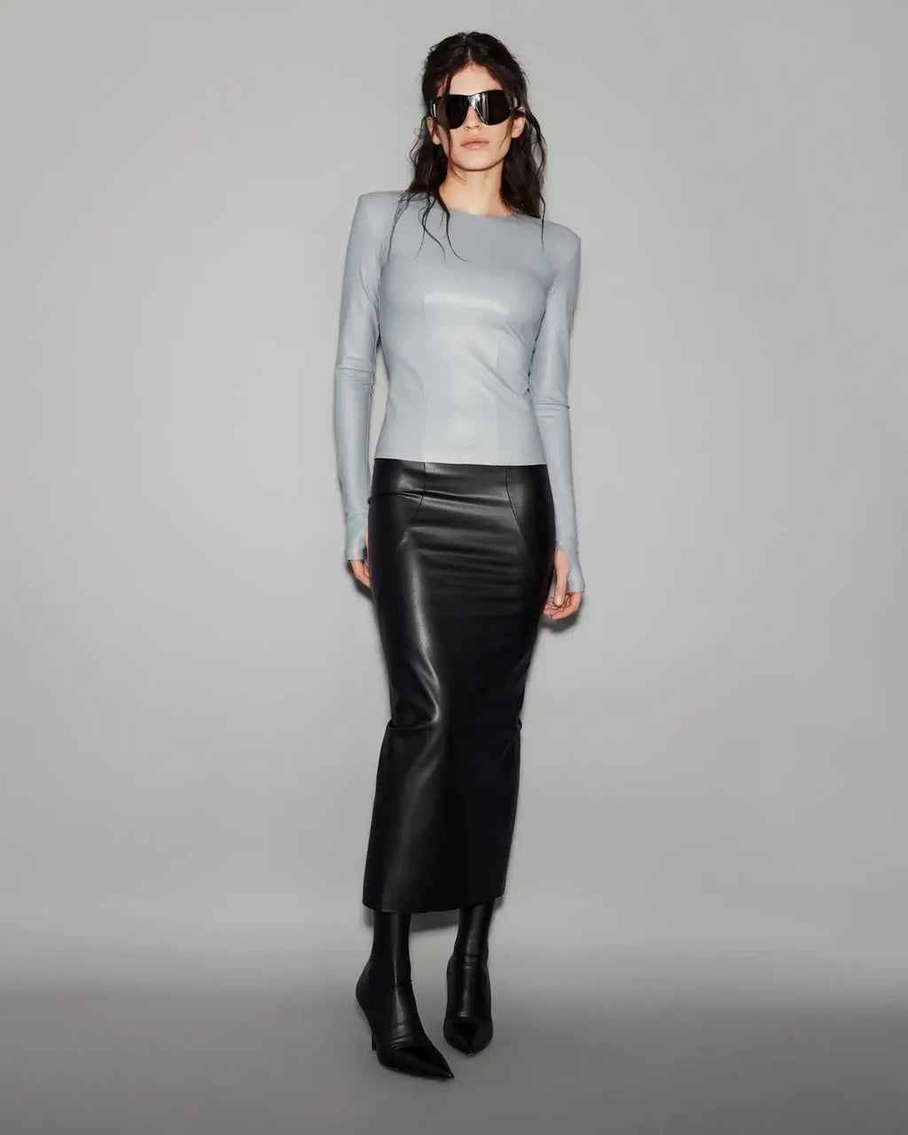 Vegan Leather Sculpted Sleeve Top Slate blue - lookbook 19