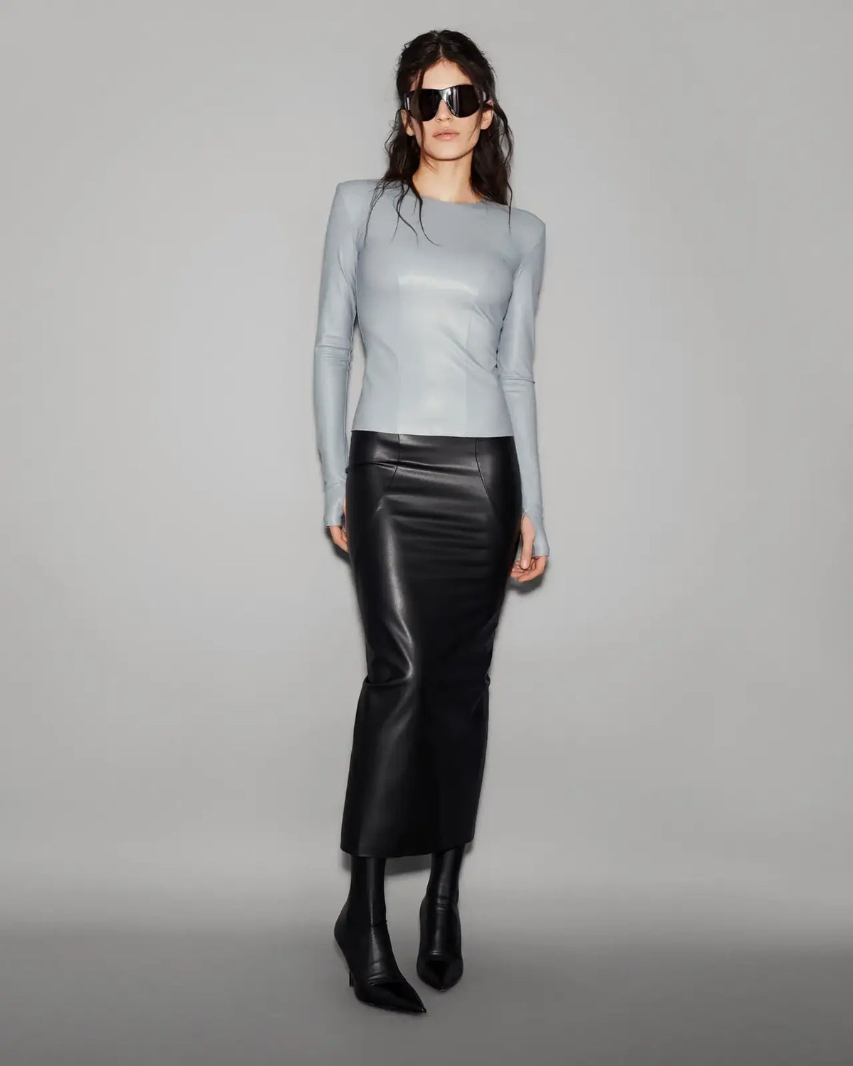 Vegan Leather Sculpted Sleeve Top Slate blue - lookbook 19