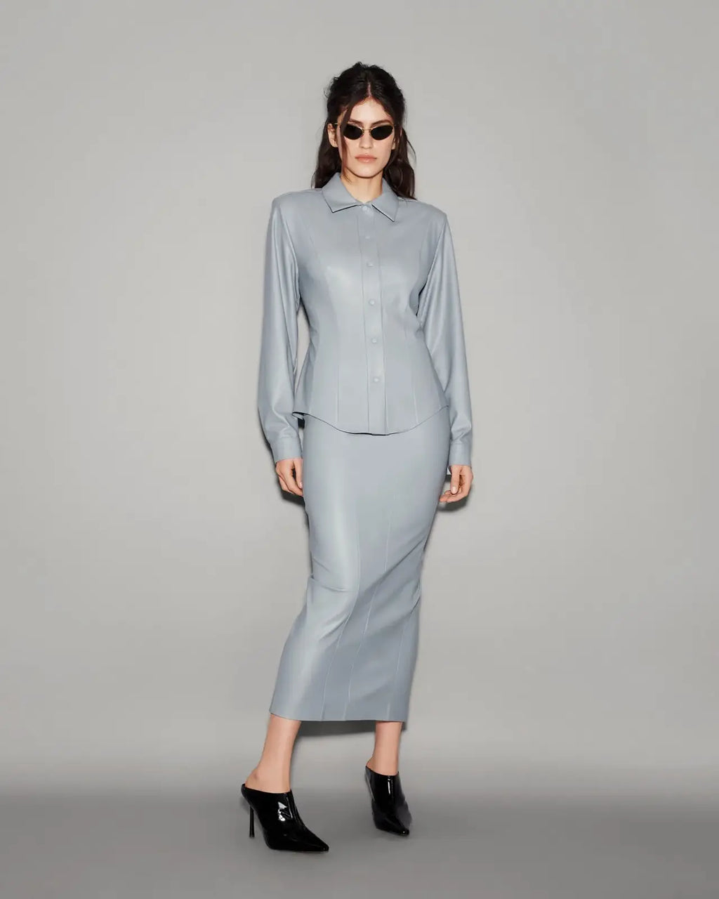 Vegan Leather Sculpted Shirt Slate blue - lookbook 24
