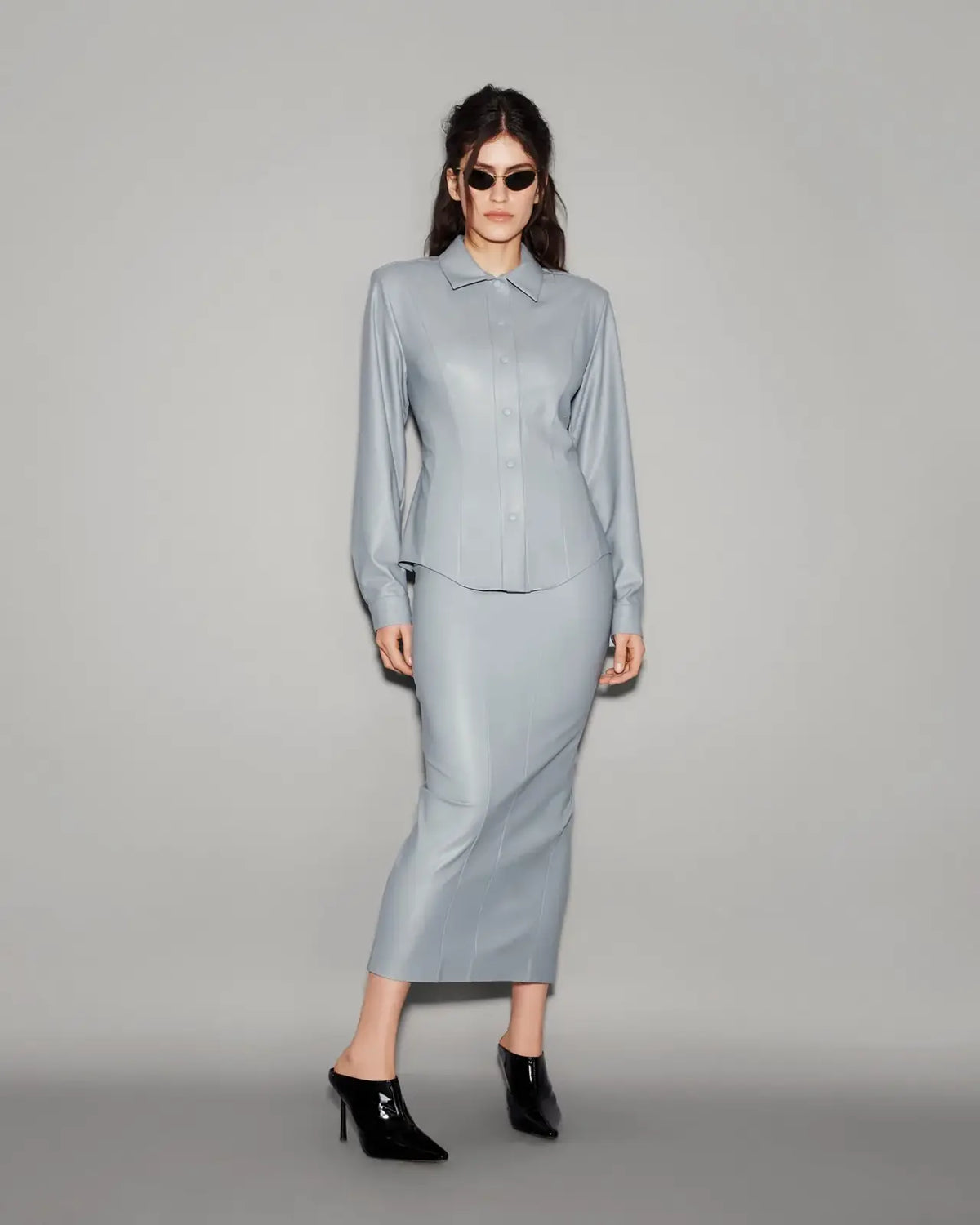 Vegan Leather Sculpted Shirt Slate blue - lookbook 24