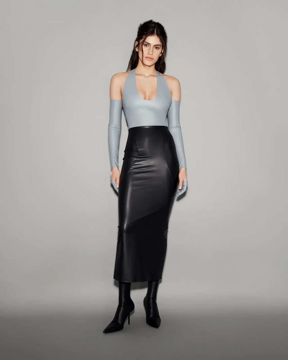 Vegan Leather Long Gloves Slate blue - lookbook 41