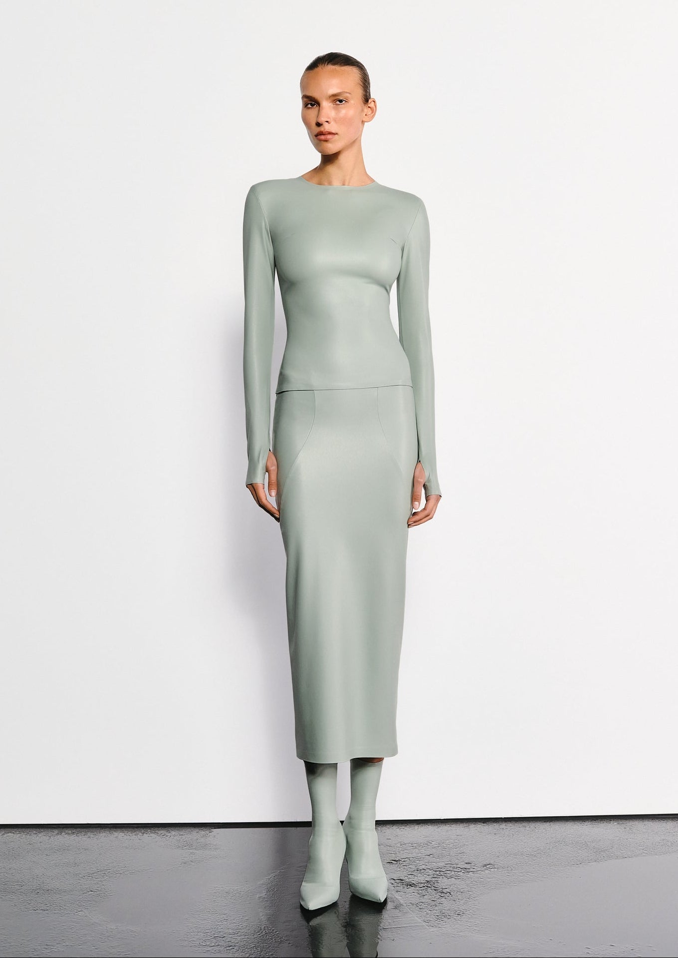 Vegan Leather Long Sleeve Top Sage Green