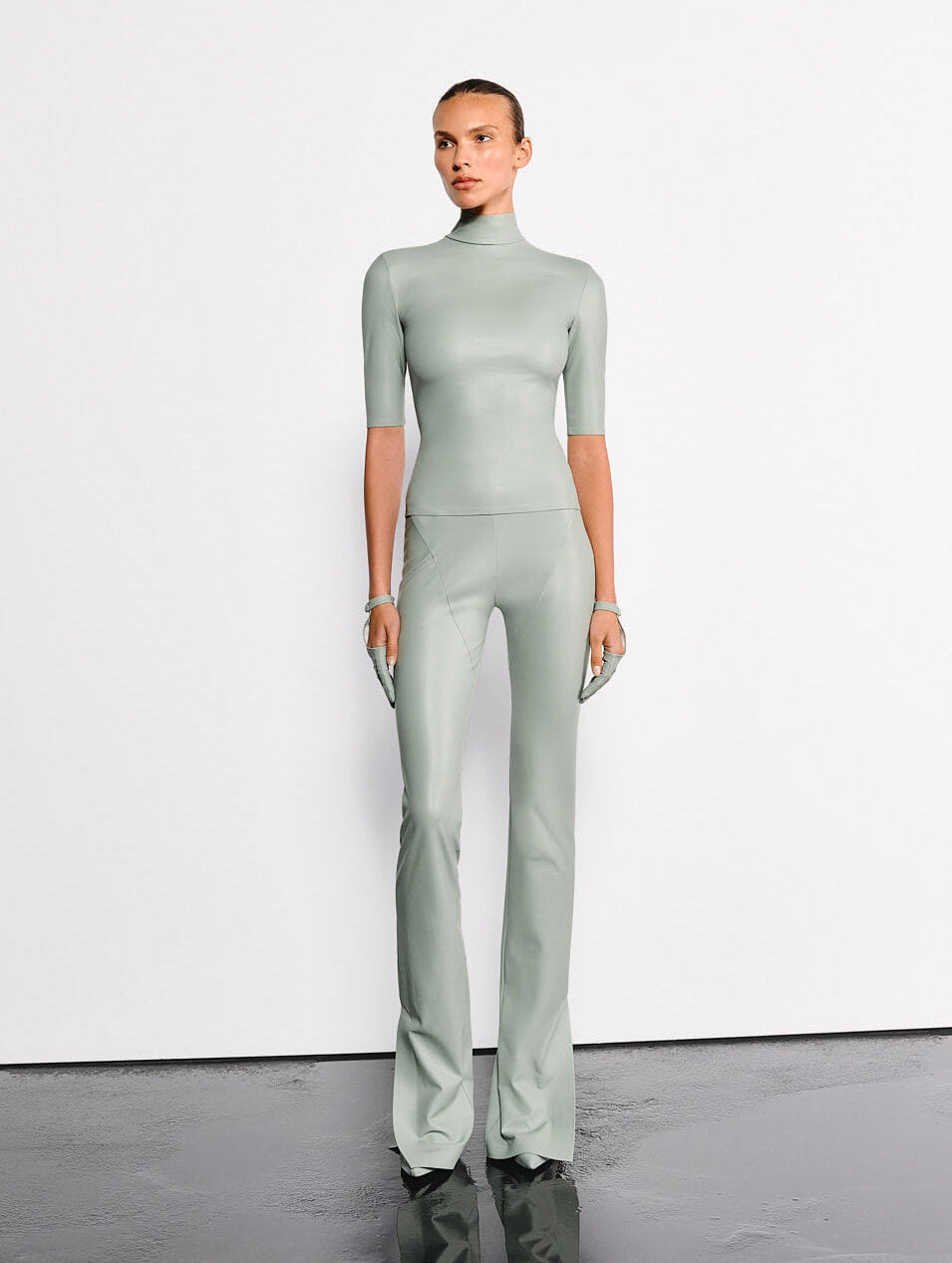 Vegan Leather Sculpting Flared Pants Sage Green