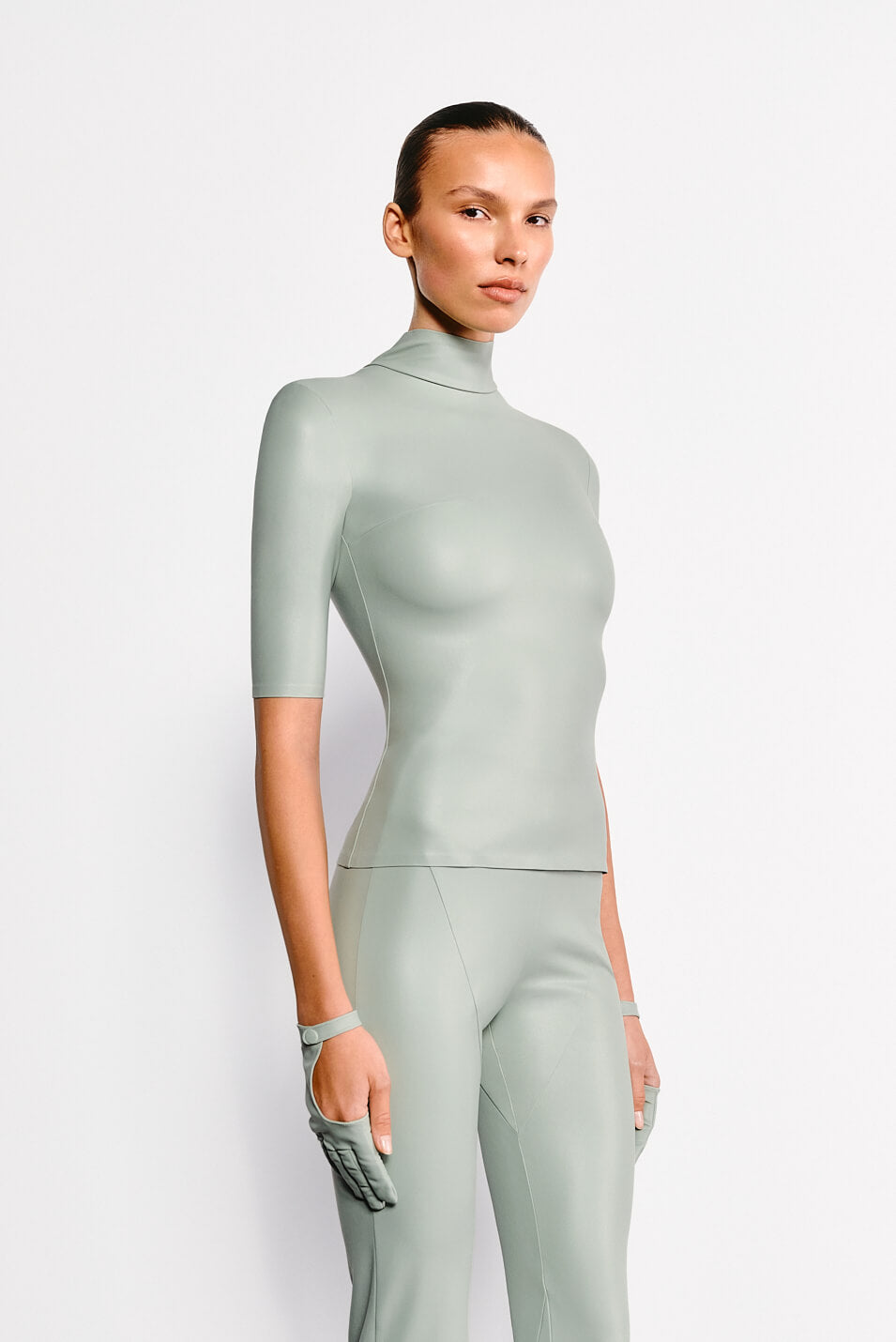 Vegan Leather Sculpting Flared Pants Sage Green